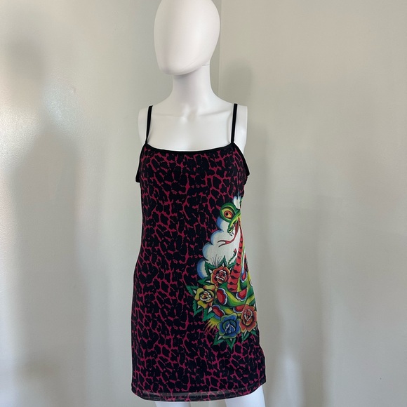 Ed hardy Black & Hot Pink Slip Dress with Colorful Snake Floral Print - Picture 2 of 4
